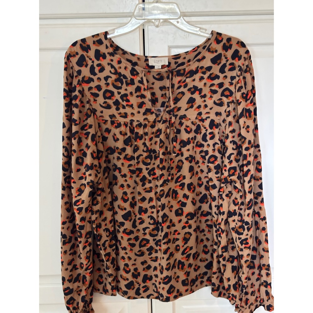 LOFT Women Leopard Animal Print Tie Neck Long Sleeve Blouse Orange Tan XL